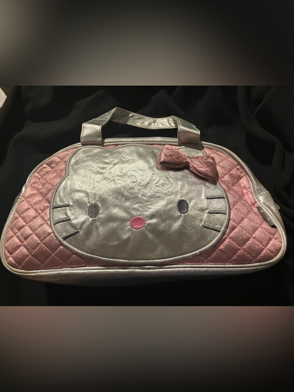 Vintage Hello Kitty Pink Quilted Mini Duffle Bag Metallic Silver Y2K 2005